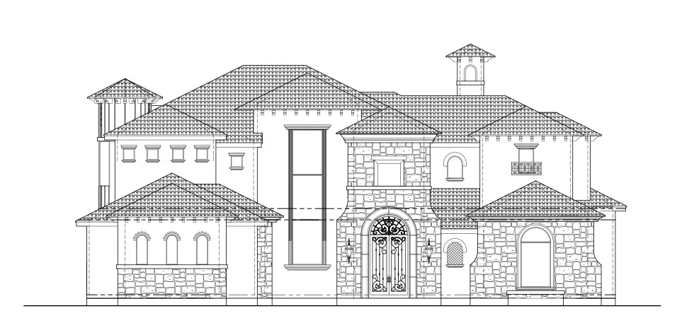 Line drawing of a two-story house plan.